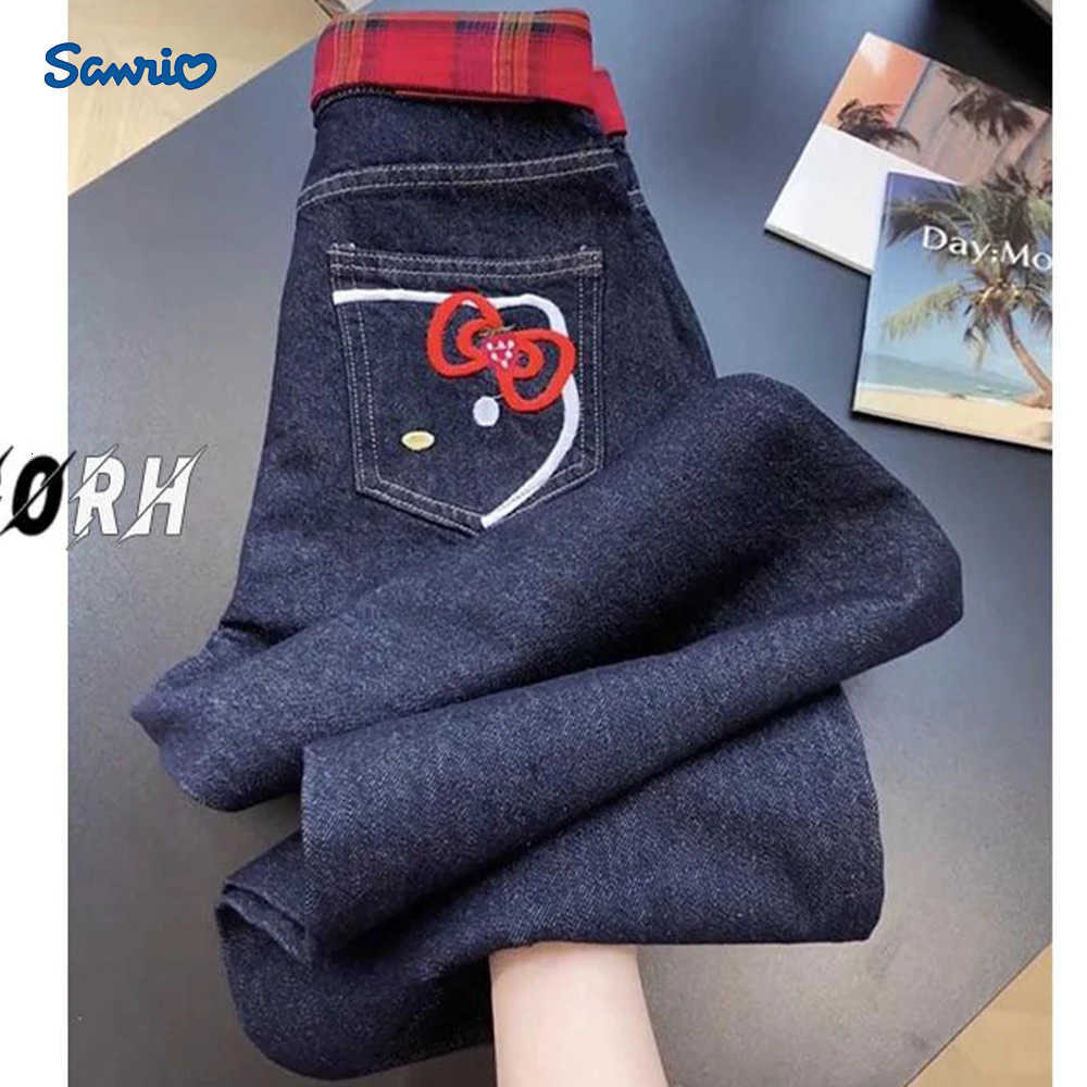 Sanrio 2025 New Long Pants Sweet American Hot Girls Hello Kitty Cat Embroidered Jeans Cute Womens Black Straight High Waist Wide Legs L250925