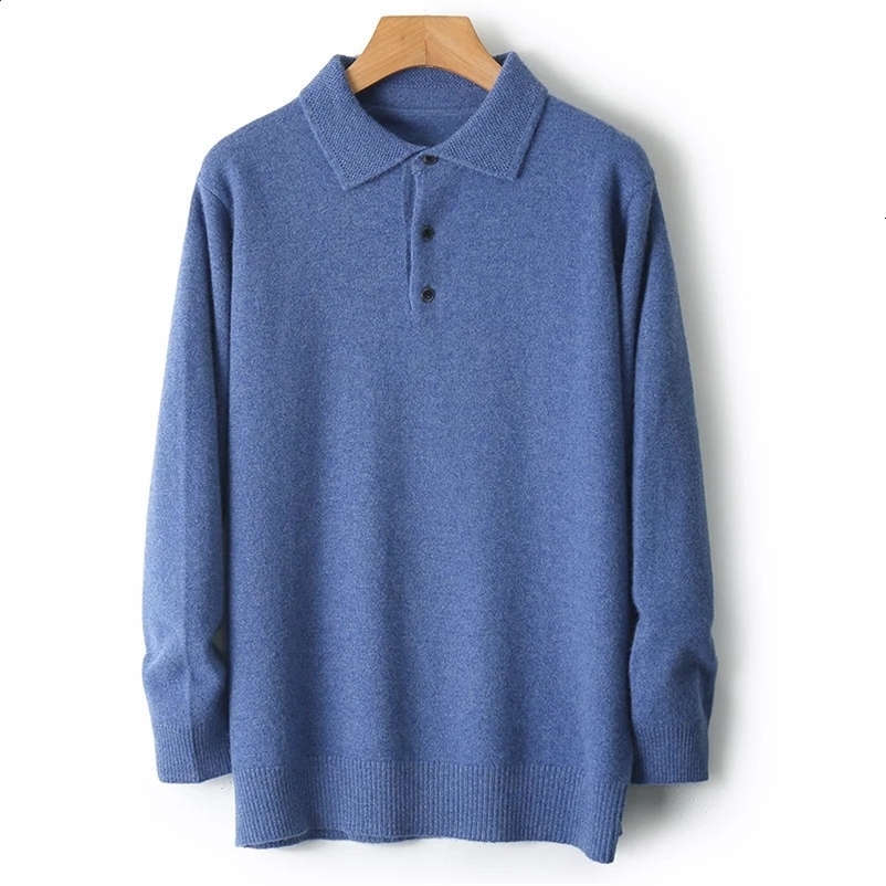 100% Merino wool open collar wool mens lapel long sleeved POLO collar sweater loose top knitted plus size shirt M30030 241203