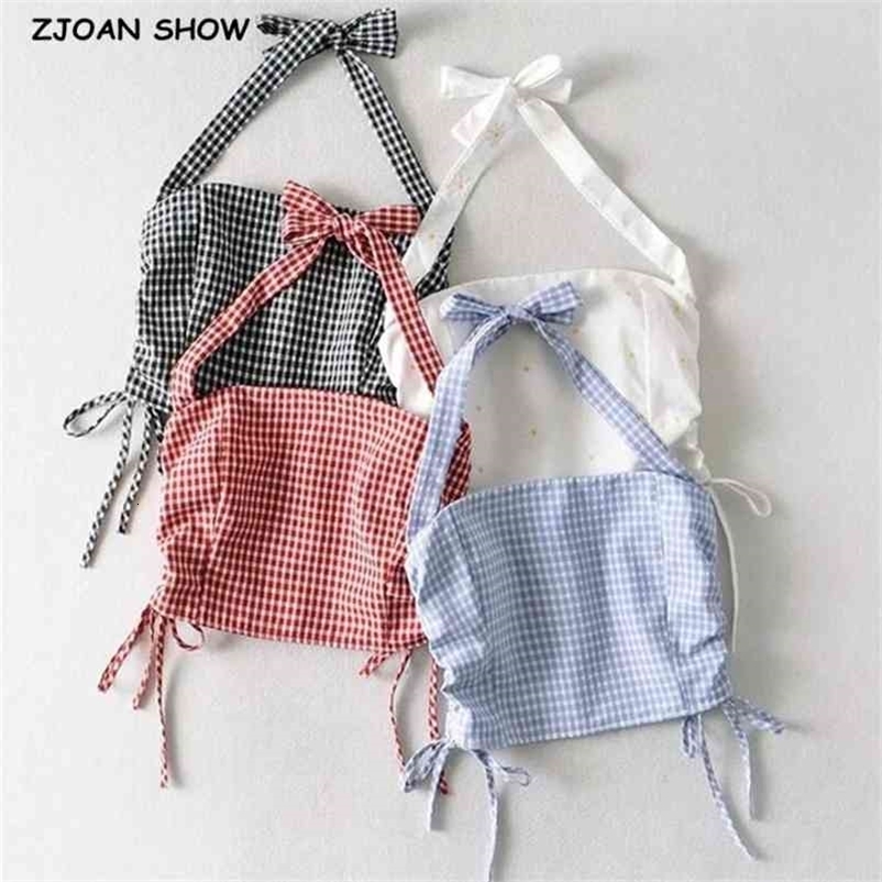 Harajuku Sexy Check Plaid Crop Tops Women Elastic Halter Slash Neck Drawstring Tops 210625