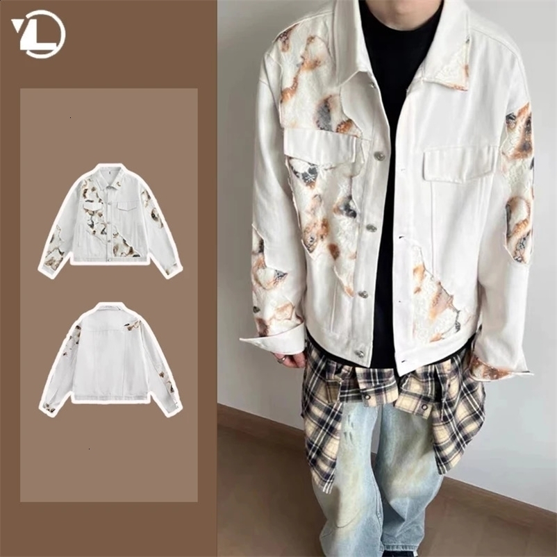 Mens Color Blocked Denim Jacket Spring Y2K American Street Lace Patchwork Loose Cowboy Coats Trend Unisex Outwear 240913