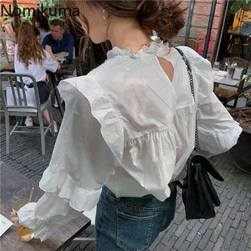 Nomikuma Sweet Ruffle Women Blouse Korean Pleated Flare Long Sleeve Shirt Autumn New Stand Neck Pullover Blusas Mujer 6C752 210427