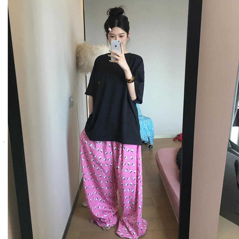Sanrio Sanrios Hello Kittys Pajamas Pants Girls Cartoon Kt Cat Printing Wide Leg Floor Pants Summer Home Trousers Leisure Straight Pant L250925