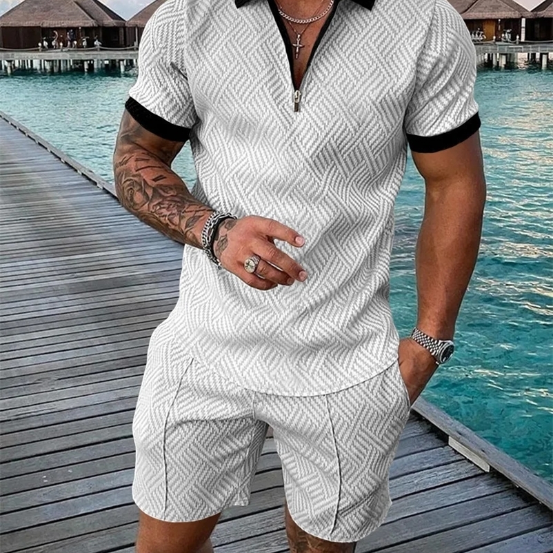 Summer mens sports patch work pattern short sleeved fashionable zipper polo shirt and shorts set mens casual streetwear 2-pie 240930