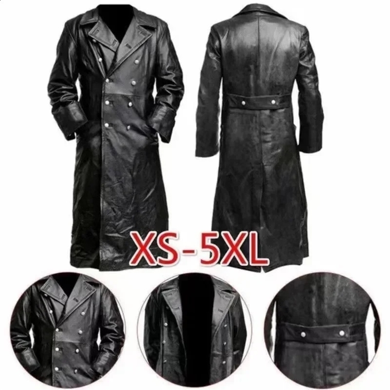 Black leather raincoat officer military classic German mens jacket mens long jacket 241203