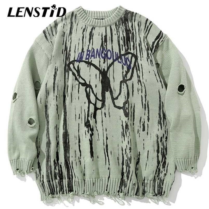 LENSTID Men Hip Hop Knitted Jumper Sweaters Butterfly Ink Graffiti Streetwear Harajuku Autumn Oversized Hipster Casual Pullovers 211008