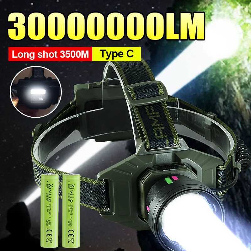 2025 Most Powerful LED Headlamp Type c Rechargeable Headlight 30000000LM Super Bright Fluoresce Head Flashlight Camping Lantern J250925