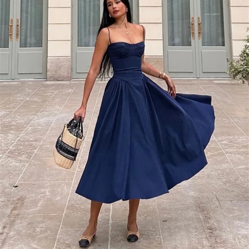 Suninhaart elegant spaghetti strap Midi dress ultra-thin A-line party dress navy blue casual birthday dress womens clothing 250226
