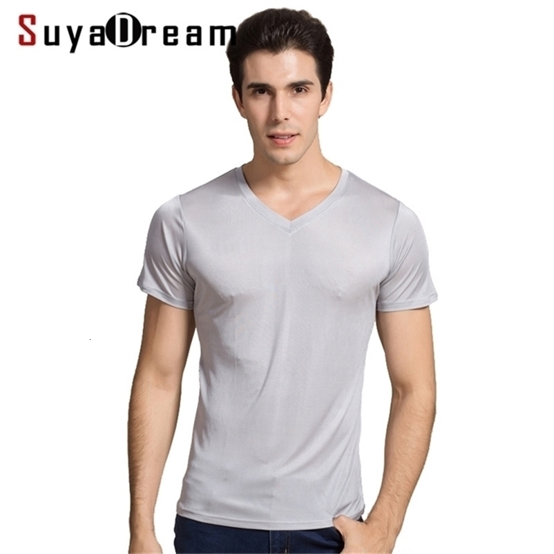 SuyaDream Men basic T shirt Natural Silk V neck Solid Short Sleeve Shirts White Black Grey Spring Summer Top 210329