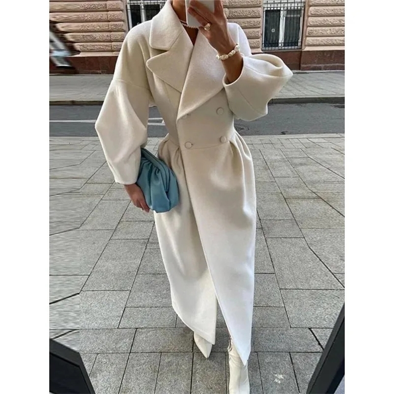 Women's Wool Blends Women Lapel Lantern Sleeve Long Jackets Solid Double Breasted Waist Fold Woolen Coat Winter Thick Warm Female Elegant Outwear