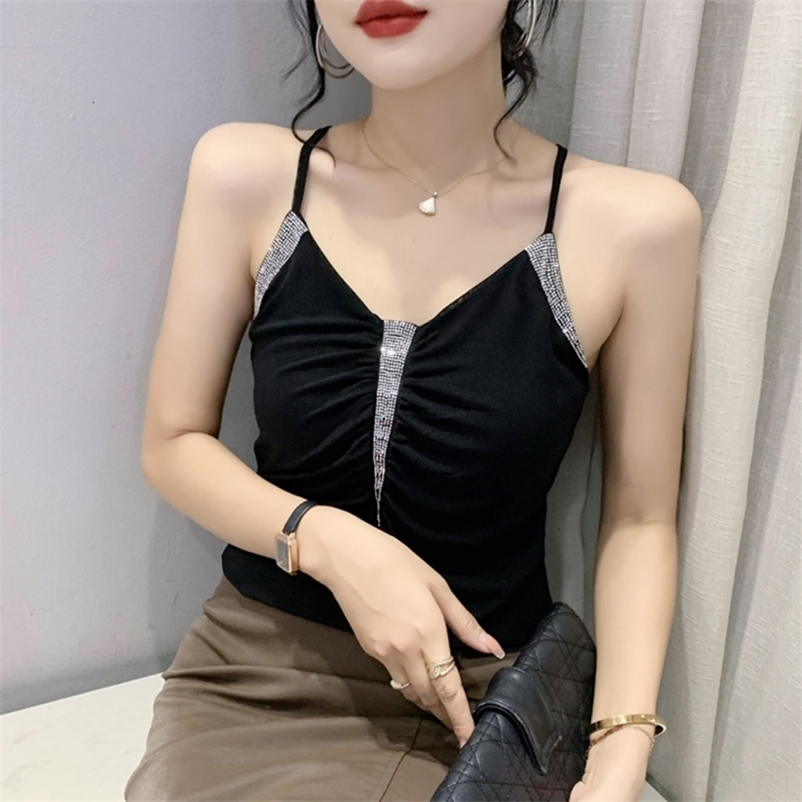 Camisoles Tanks Summer Women Camis Fashion Sexy V-Neck Drilling Mesh Leopard Vest Elegant Slim Bottoming Elasticity Tops Shirt 230327