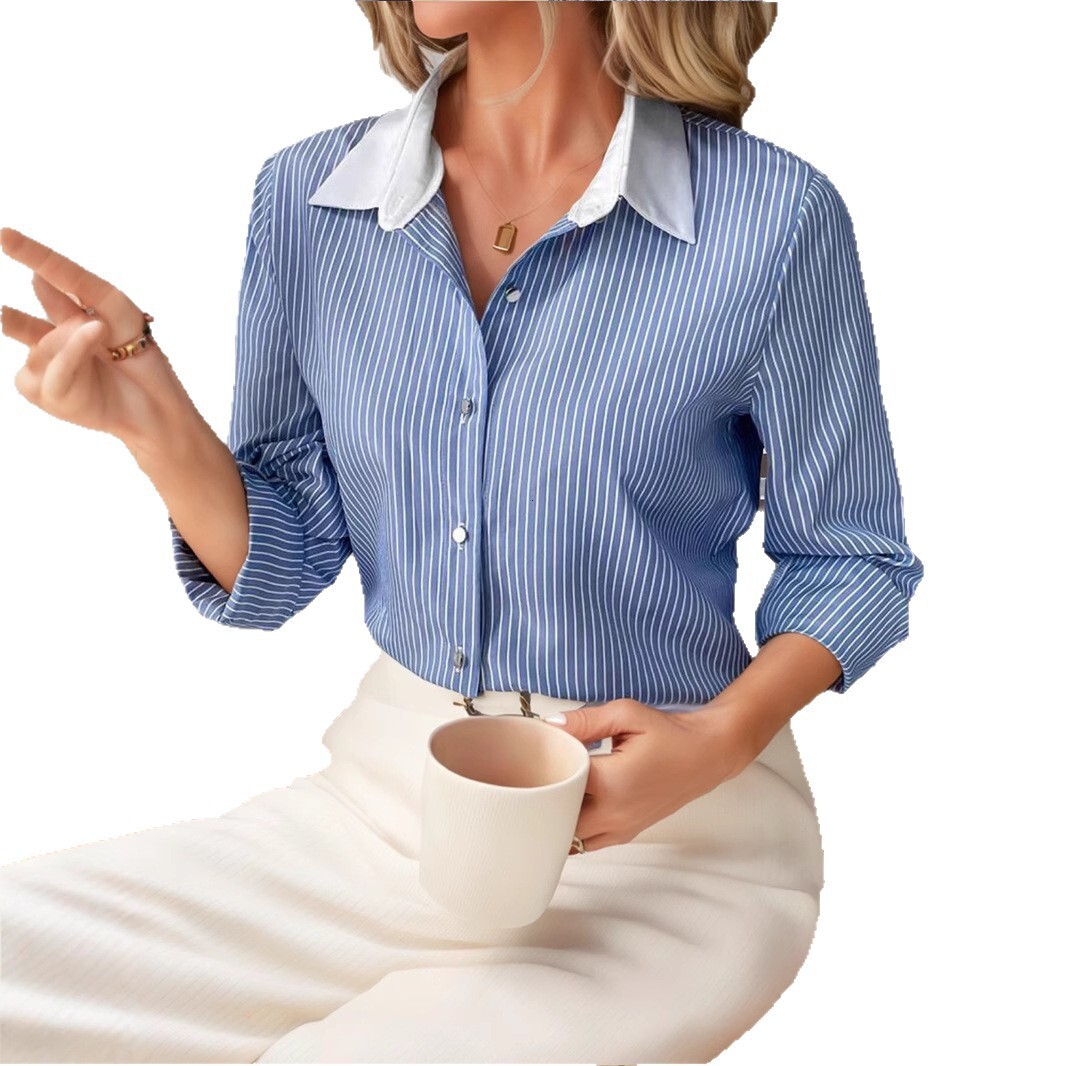 New Niche French Style Long Sleeve Loose Fashion High-End Shirt Blue Striped Blouse for Women