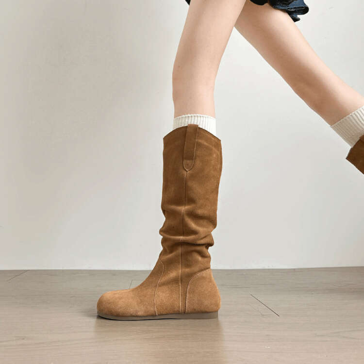 Winter Women's Long Boots - Hot Soft Luxury shoes Leather Upper, Pleated Slouchy with Hidden free shipping Wedge Heel