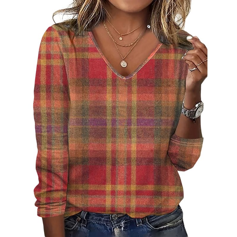Women's Plus Size Vintage Plaid V - Neck Long Sleeve T - Shirt Milk Silk Casual Versatile Top-YL23501