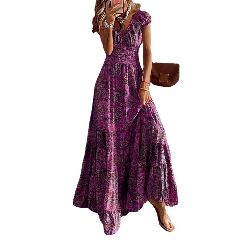2024 New Bohemian Style Waist-Cinching Long Dress with Printed Flared Hem for Women