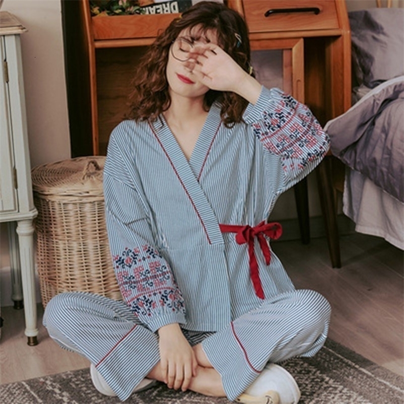 Women's Sleepwear Long Sleeve Pajamas Women's Summer Thin 100kg Pure Cotton Stripe Suit Japanese Kimono Spring and Autumn Household 230227