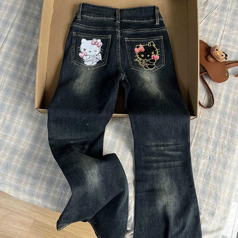 Sanrio Hello Kittys Jeans Cartoon Embroidery Denim Women Y2K High Waist Wide Legs American Retro Pant Casual Streetwear Trousers L250925