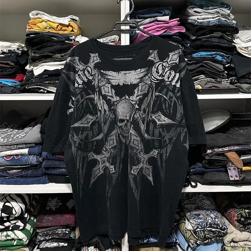 Y2K Tshirt Harajuku Retro Hip Hop Skull Pattern Oversized T shirt Mens Womens Short Sleeved Gothic Clothing Tops Streetwear 240716