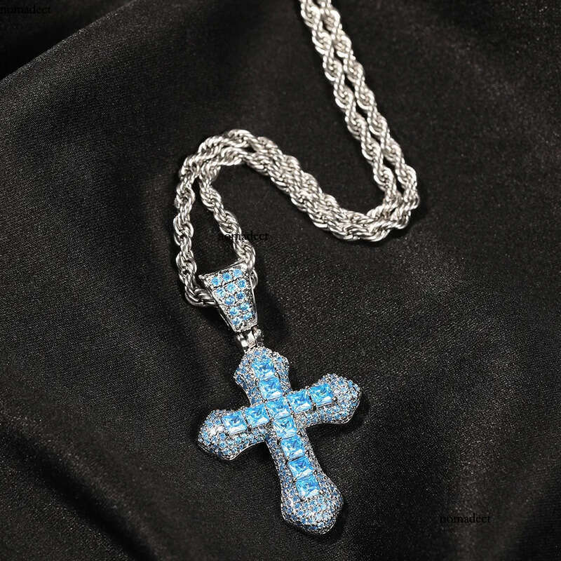 Blue Red Zircon Cross Fashion Mens Gold Necklace Hip Hop Iced Out Pendant Necklaces Jewelry 08