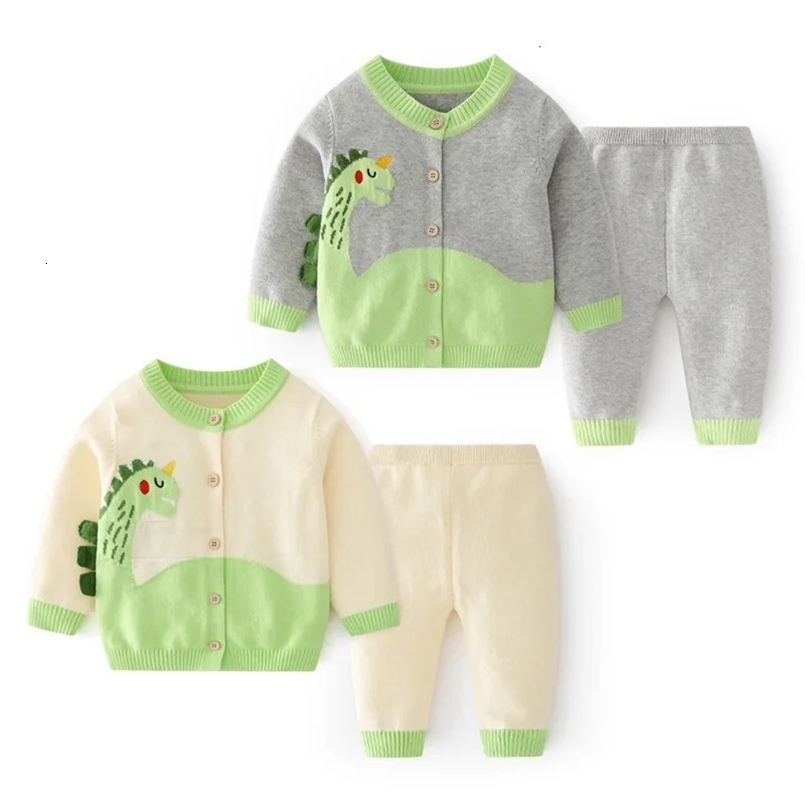 Spring Autumn 0-3 Year Baby Boy 2PCS Clothes Set Patched Dinosaur Sweaters Woven Cotton Knitted Pants Suit Infant Boy Outfit 241106