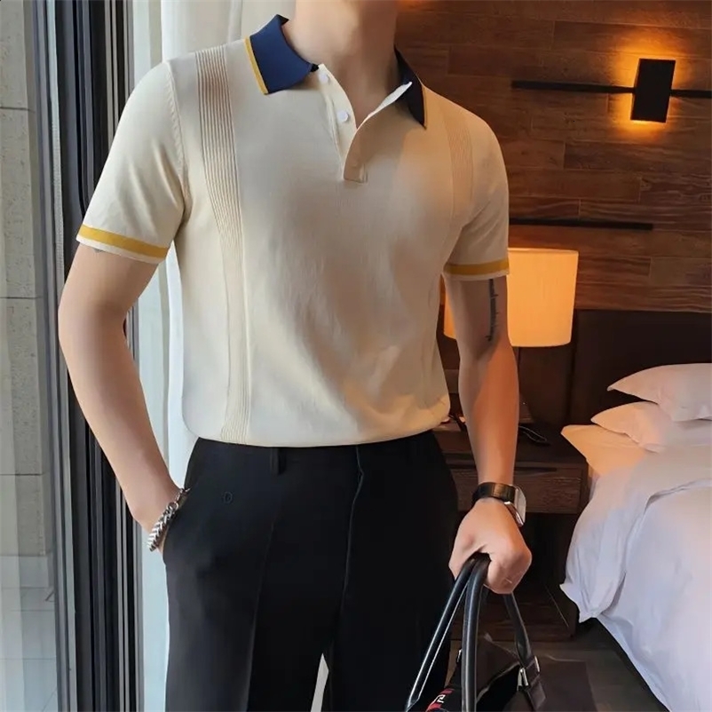 High quality Korean fashion trend panel polo shirt mens lapel button youthful and energetic casual edition short sleeved knitted top 241203