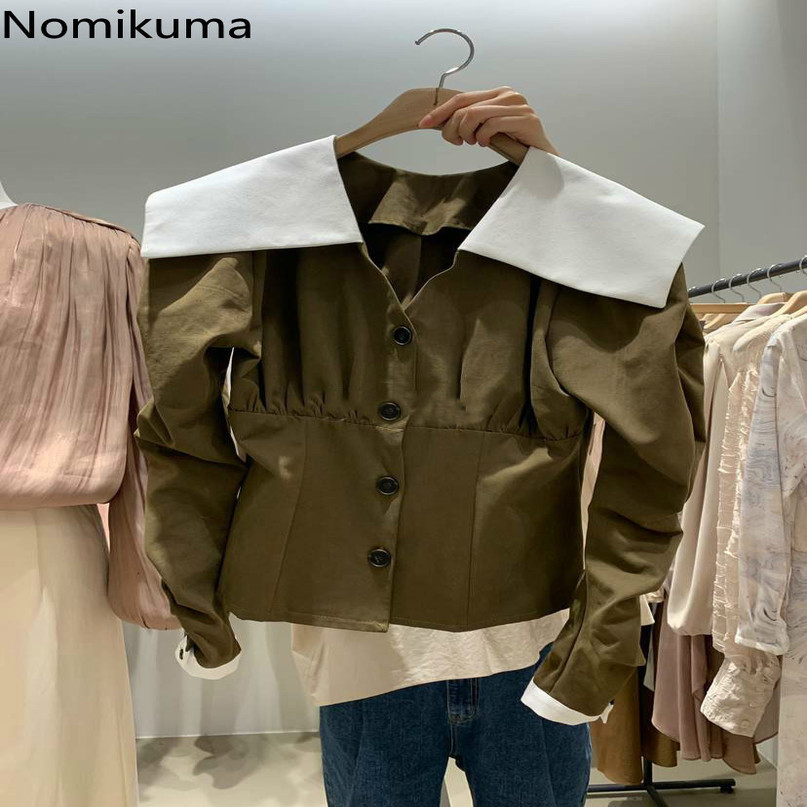 Nomikuma Korean Hit Color Patchwork Turn-down Collar Blouse Shirt Long Sleeve Elegant Women Tops Autumn New Blusas 6C544 210427