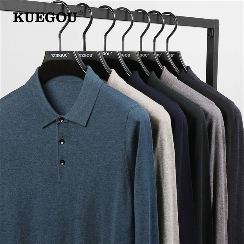 Men's Sweaters KUEGOU Autumn Winter Men Sweater Polo Shirt Collar Long Sleeves Pullovers Quality Slim Knitted Wool Blend Warm Top 721 221121