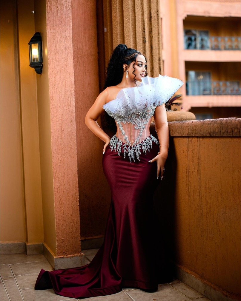 Aso Ebi Burgundy Mermaid Prom Dress Beaded Crystals Lace Evening Formal Party Second Reception 50th Birthday Engagement Gowns Dresses Robe De Soiree B