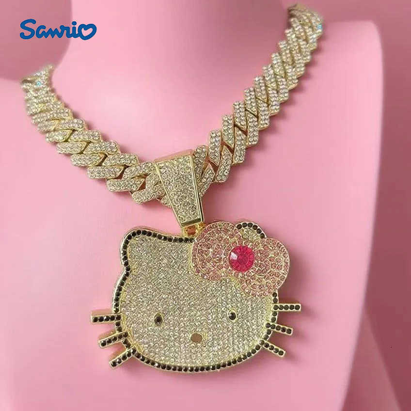 Sanrio Fashion Kawaii Hello Kitty Necklace Diamond Anime Pendant Cuban Chain Hip Hop Accessories Girl Gifts H251106