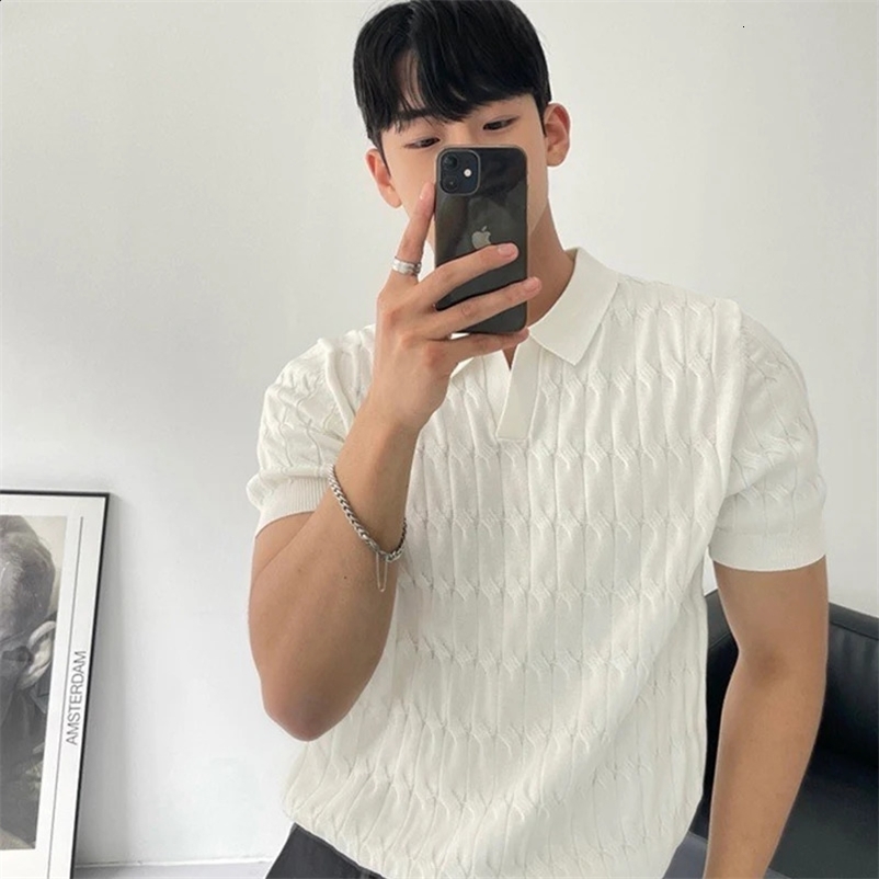 Mens knitted jacquard polo shirt casual striped V-neck solid color short sleeved T-shirt breathable lightweight clothing 241203