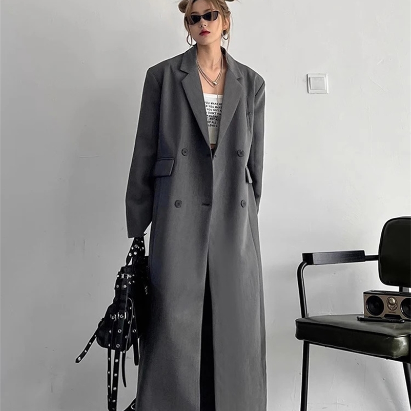 Lautaro Spring Autumn Long Grey Black Trench Coat for Women Double Breasted Loose Casual Korean Fashion Clothing Blazer 240703
