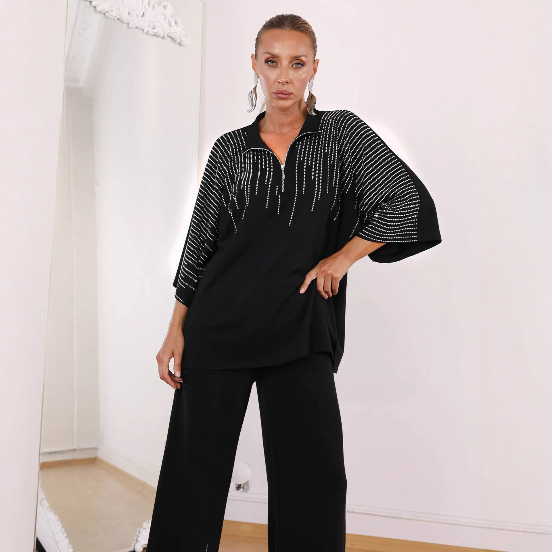 Women's Clothing 2025 Autumn New Style Personality Temperament Rhinestone Top Casual Wide-Leg Pants Two-Piece Set