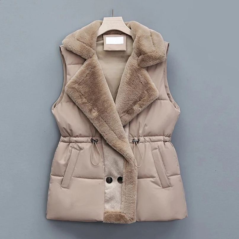 Winter cotton fur integrated down vest womens inflatable standing collar button jacket with drawstring waist 240910