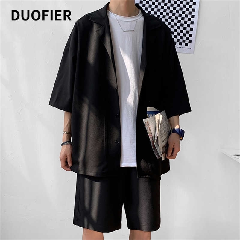 Men's Set Suit Summer Korean Style Casual Short Sleeve Jacket + Shorts Male Trendy Loose Knee-Length Solid Suit Oversize 210603