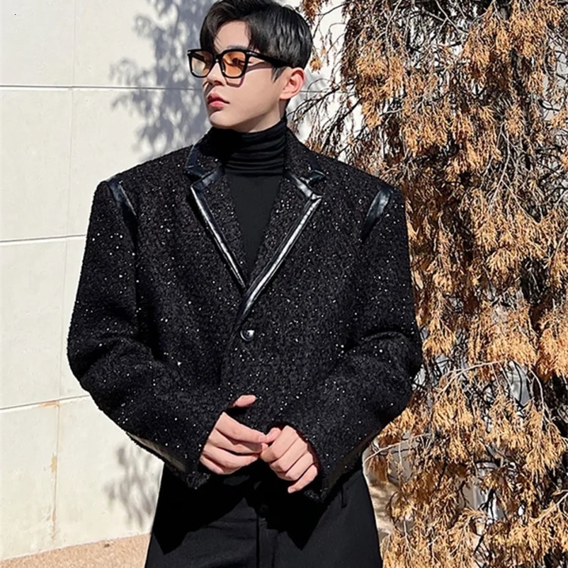 Mens Wear Spring Autumn PU Leather Patchwork Short Korean Style Loose Tweed Coat Single Button Wool Jackets 240911