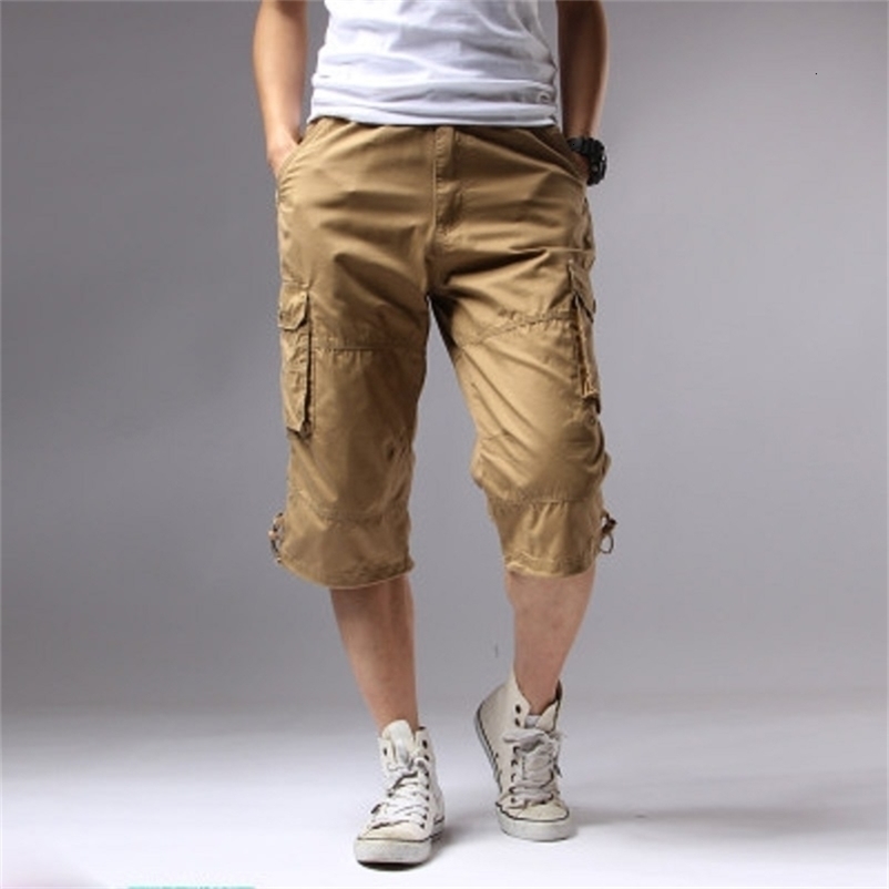 Men's Shorts Long distance cargo shorts men's knee pockets casual cotton elastic waist Bermuda men's military style summer Breeze Army 