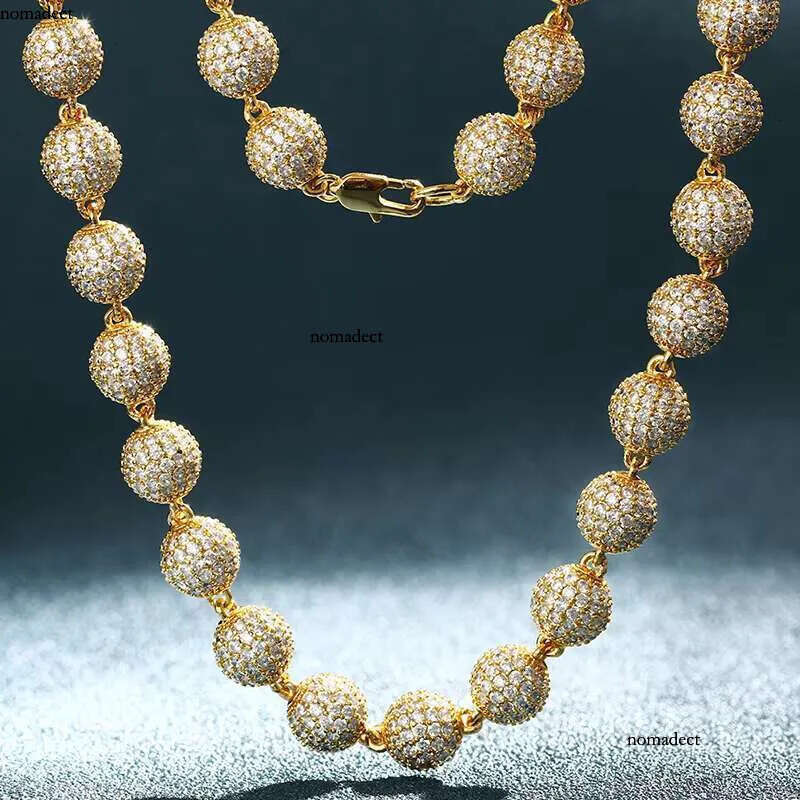 Bulk Wholesale Hip Hop Brass 10mm Dia Gold Plated Mrice Paved Moissanite Bead Necklace Women Men Jewelry f9