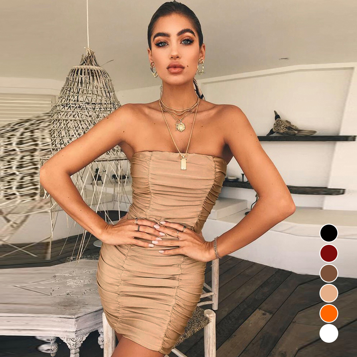 Spring Summer New 2024 Women's Sexy Tube Top Nightclub Ruched Bodycon Dress 8505