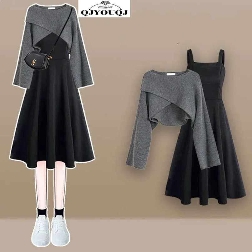 Autumn and Winter Womens Set High end Versatile Knitted Sweater Slim Strap Dress Two Piece 240729