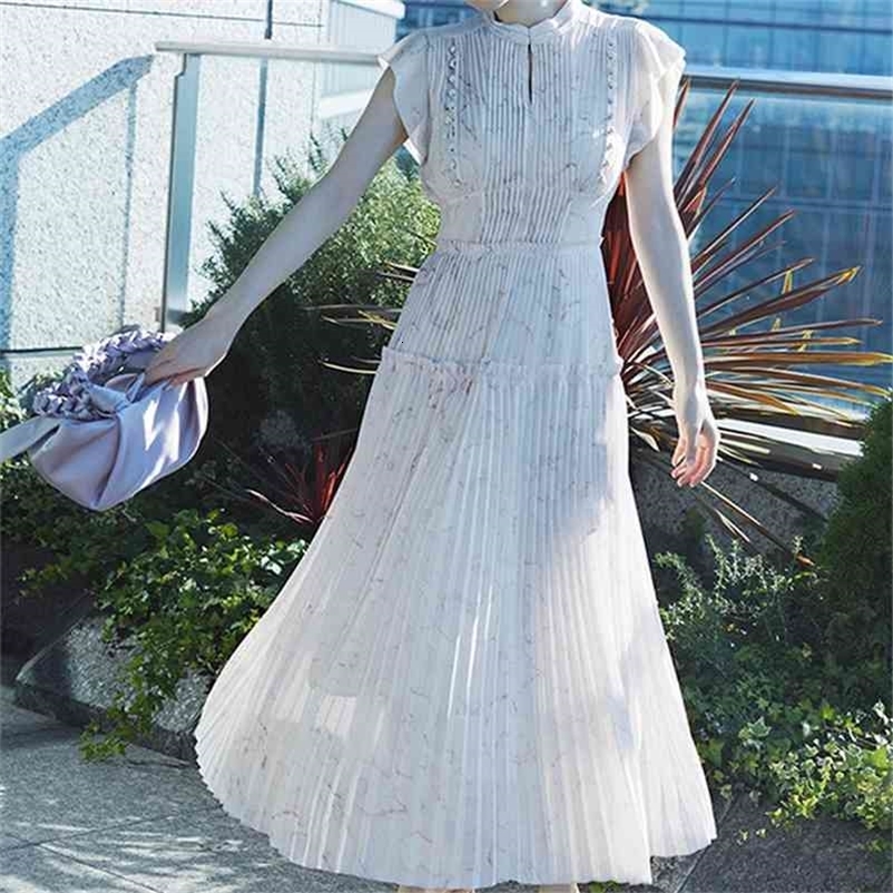 Spring Pleated Drawstring Slim Waist Dresses Elegant Fresh High Waist Women Dress Sexy Hollow Out Vestidos 210630