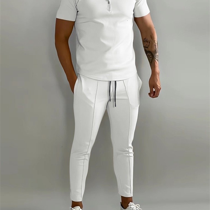 Men's Tracksuits Solid Color Men's Suit Summer Casual Short Sleeve Polo Shirt Calf Pants for Men Streetwear Male Tracksuit 2-piece Set 23042