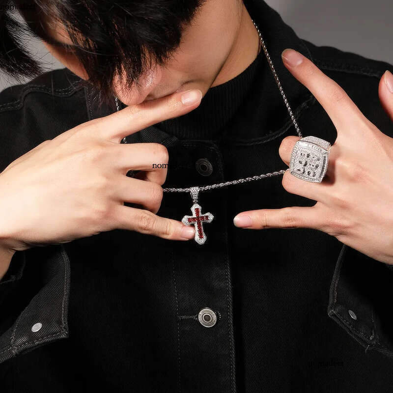 Blue Red Zircon Cross Fashion Mens Gold Necklace Hip Hop Iced Out Pendant Necklaces Jewelry 08