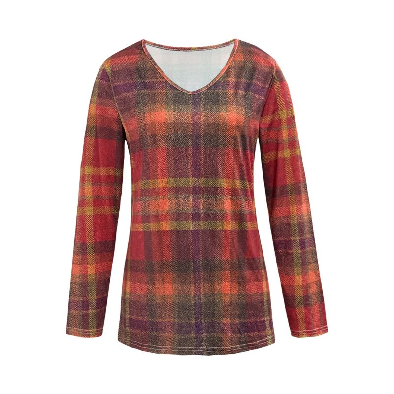 Women's Plus Size Vintage Plaid V - Neck Long Sleeve T - Shirt Milk Silk Casual Versatile Top-YL23501