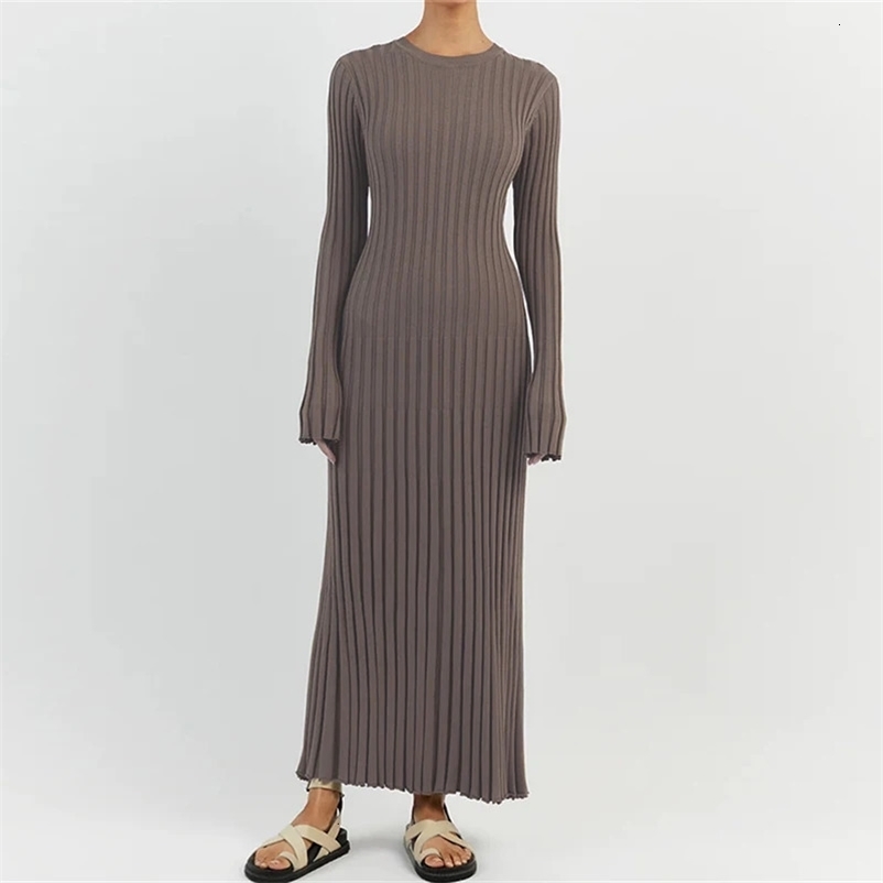 90s Vintage Tie Waist Dress Women Elegant Ribbed Knit Full Sleeve Maxi Dress Crew Neck Bodycon Pencil Long Dress Streetwear 240703