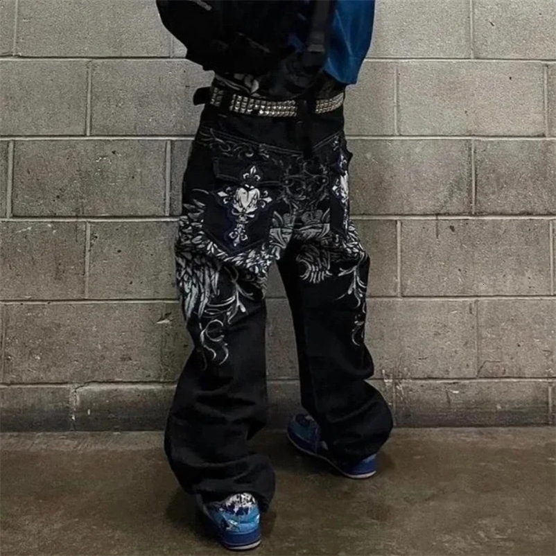 American Fashion Pattern Print Jeans Men Y2K Street Hip Hop Retro Loose Oversized Wide-leg Pants Couple Joker Straight Jeans 240911