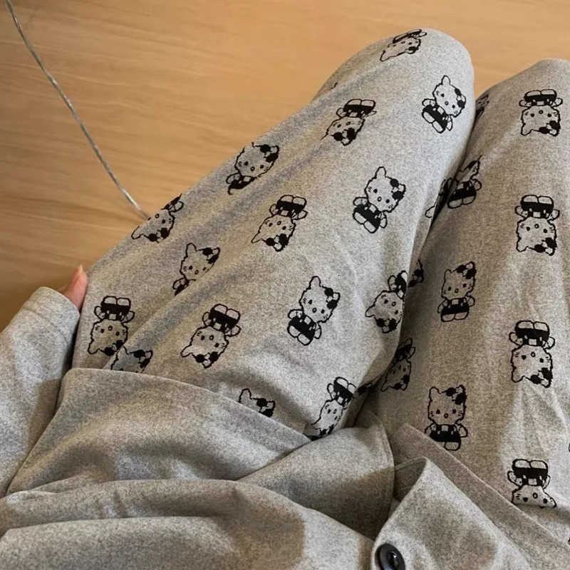 Sanrio Hello Kitty Pajama Pants WomenS Spring Summer Trousers Walk Pants Grey Cartoon Loose Home Pajamas Versatile Home Pants L250925