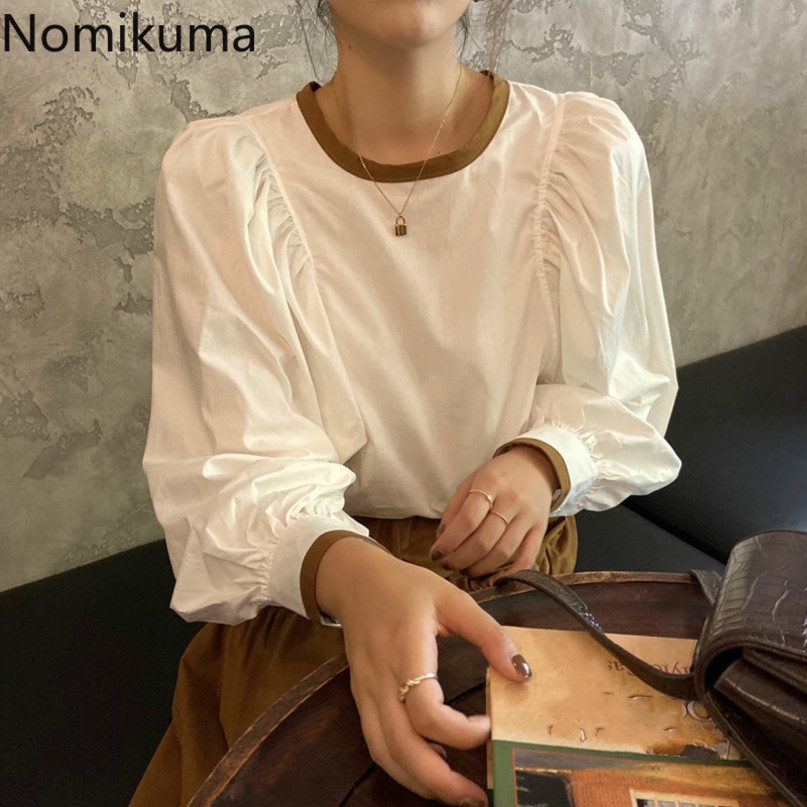 Nomikuma Autumn Women Blouse Causal Hit Color Patchwork O-neck Blusas Femme Korean Puff Long Sleeve Pullover Shirt 6D064 210427