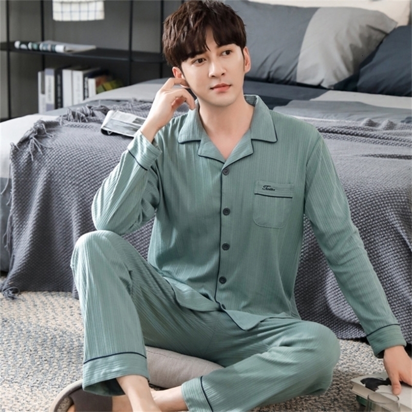 Men's Sleepwear Autumn Men's Pajamas 100% Cotton Full-sleeve Mens Turn-down Collar Homewear Thin Simple Style Solid Color Comfort Sleepwear 