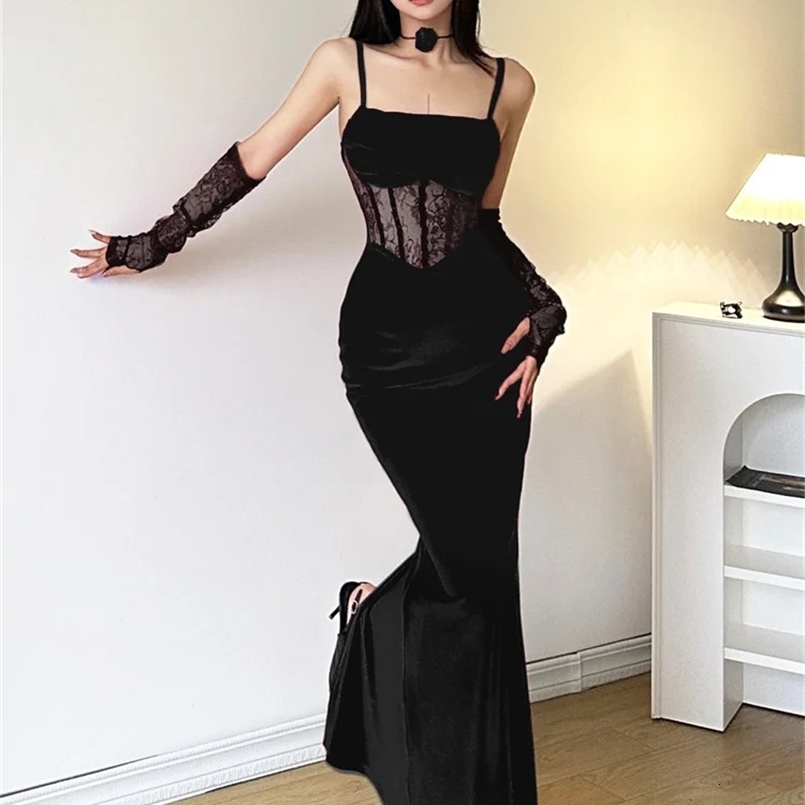 Sylcue Winter Sisters Party Formal Elegant Mature Sexy Beautiful Dirty WomenS Long Lace Fishbone Sling Dress With Sleeve 241205