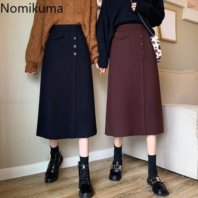 Nomikuma Autumn Winter Women Knitted Skirts Korean High Waist Elegant Sweater Skirt Causal A-line Midi Faldas Mujer 6D344 210427