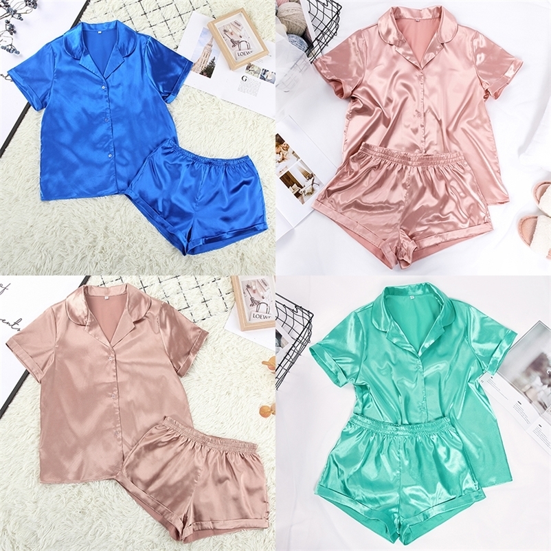 Women's Sleepwear Solid Color Satin Pajamas With Shorts Sleepwear Suit Silk Pyjama For Women Short Sleeve Casual Pajama Sets Women Homewear Sprin